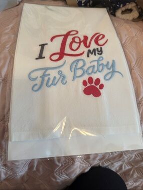 I Love My Fur Baby Embroidered White Kitchen Towel